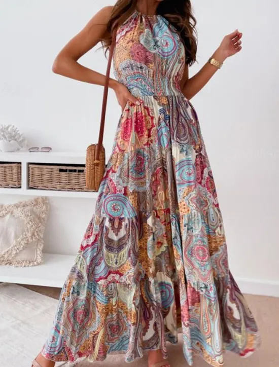 Online Women's Long Dress Maxi Dress Casual Dress Boho Chic Dresses Boho Dress Bohemia Streetwear A Line Vacation Street Holiday Regular Fit Floral Paisley Sleeveless Halter Neck Red Blue Summer Women Floral Dresses|Spring Dresses