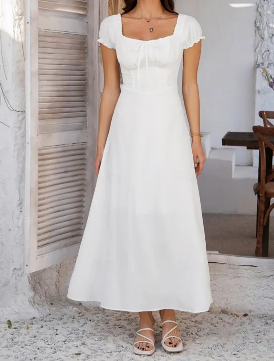 Women's Long Dress Maxi Dress White Dress Casual Dress Swing Dress Summer Dress Fashion Modern Elegant Dress Daily Date Weekend Regular Fit Plain Short Sleeve Square Neck Black White Yellow Navy Blue Women White Dresses
