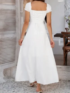 Women's Long Dress Maxi Dress White Dress Casual Dress Swing Dress Summer Dress Fashion Modern Elegant Dress Daily Date Weekend Regular Fit Plain Short Sleeve Square Neck Black White Yellow Navy Blue Women White Dresses