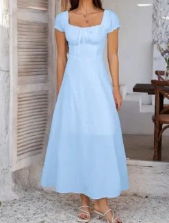 Women's Long Dress Maxi Dress White Dress Casual Dress Swing Dress Summer Dress Fashion Modern Elegant Dress Daily Date Weekend Regular Fit Plain Short Sleeve Square Neck Black White Yellow Navy Blue Women White Dresses