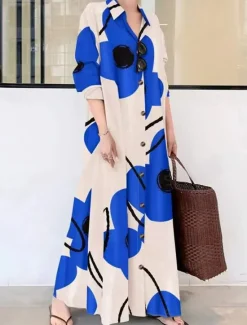 Sale Women's Long Dress Maxi Dress Shirt Dress Casual Dress Summer Dress Stylish Casual Vacation Daily Date Regular Fit Floral Graphic Long Sleeve Lapel Black And White Black Blue Orange Summer Spring Women Spring Dresses|Floral Dresses