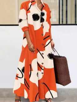 Sale Women's Long Dress Maxi Dress Shirt Dress Casual Dress Summer Dress Stylish Casual Vacation Daily Date Regular Fit Floral Graphic Long Sleeve Lapel Black And White Black Blue Orange Summer Spring Women Spring Dresses|Floral Dresses