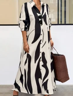 Sale Women's Long Dress Maxi Dress Shirt Dress Casual Dress Summer Dress Stylish Casual Vacation Daily Date Regular Fit Floral Graphic Long Sleeve Lapel Black And White Black Blue Orange Summer Spring Women Spring Dresses|Floral Dresses