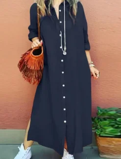 Outlet Women's Long Dress Maxi Dress Linen-Inspired Dresses Shirt Dress Casual Dress Stylish Casual Vacation Daily Date Regular Fit Plain Long Sleeve Lapel Red Khaki Dark Blue Summer Spring Women Dresses