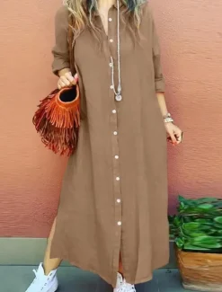 Outlet Women's Long Dress Maxi Dress Linen-Inspired Dresses Shirt Dress Casual Dress Stylish Casual Vacation Daily Date Regular Fit Plain Long Sleeve Lapel Red Khaki Dark Blue Summer Spring Women Dresses