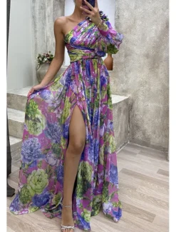 Hot Women's Long Dress Maxi Dress Prom Dress Party Dress Print Dress Elegant Fashion Party Special Occasion Regular Fit Flower Long Sleeve One Shoulder Yellow Purple Green Summer Women Floral Dresses