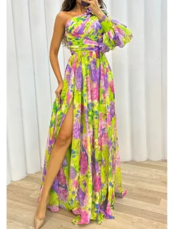 Hot Women's Long Dress Maxi Dress Prom Dress Party Dress Print Dress Elegant Fashion Party Special Occasion Regular Fit Flower Long Sleeve One Shoulder Yellow Purple Green Summer Women Floral Dresses