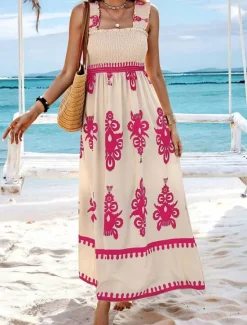 Discount Women's Long Dress Maxi Dress Casual Dress A Line Dress Summer Dress Boho Dress Bohemia Hawaiian Stylish Vacation Daily Date Regular Fit Graphic Sleeveless Square Neck Black Pink Red Green Summer Women Spring Dresses|Floral Dresses