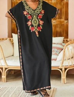 Best Women's Long Dress Maxi Dress White Dress Summer Dress Boho Dress Cover Up Maxi Boho Vacation Holiday Beach Loose Fit Half Sleeve V Neck Black White Summer Women Floral Dresses