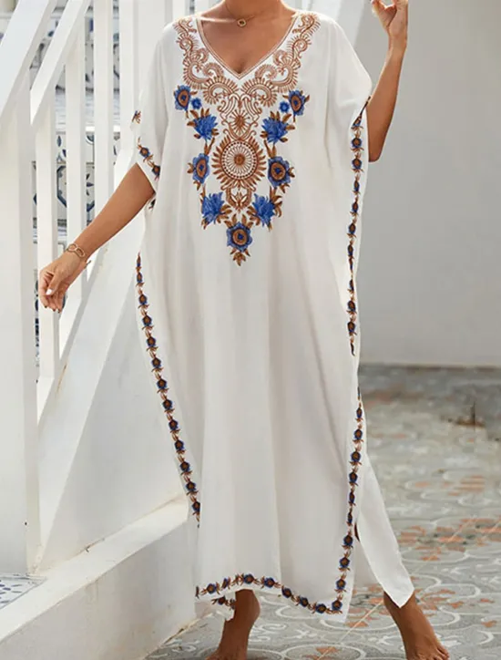 Best Women's Long Dress Maxi Dress White Dress Summer Dress Boho Dress Cover Up Maxi Boho Vacation Holiday Beach Loose Fit Half Sleeve V Neck Black White Summer Women Floral Dresses