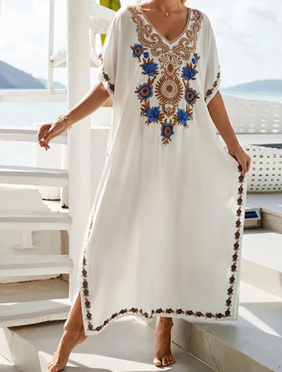 Best Women's Long Dress Maxi Dress White Dress Summer Dress Boho Dress Cover Up Maxi Boho Vacation Holiday Beach Loose Fit Half Sleeve V Neck Black White Summer Women Floral Dresses
