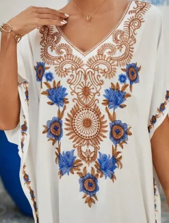 Best Women's Long Dress Maxi Dress White Dress Summer Dress Boho Dress Cover Up Maxi Boho Vacation Holiday Beach Loose Fit Half Sleeve V Neck Black White Summer Women Floral Dresses