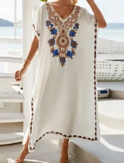 Best Women's Long Dress Maxi Dress White Dress Summer Dress Boho Dress Cover Up Maxi Boho Vacation Holiday Beach Loose Fit Half Sleeve V Neck Black White Summer Women Floral Dresses