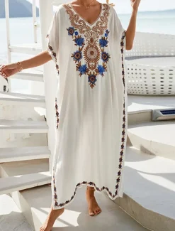 Best Women's Long Dress Maxi Dress White Dress Summer Dress Boho Dress Cover Up Maxi Boho Vacation Holiday Beach Loose Fit Half Sleeve V Neck Black White Summer Women Floral Dresses