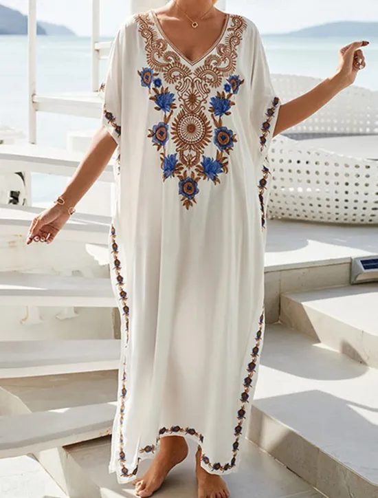 Best Women's Long Dress Maxi Dress White Dress Summer Dress Boho Dress Cover Up Maxi Boho Vacation Holiday Beach Loose Fit Half Sleeve V Neck Black White Summer Women Floral Dresses