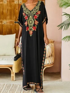 Best Women's Long Dress Maxi Dress White Dress Summer Dress Boho Dress Cover Up Maxi Boho Vacation Holiday Beach Loose Fit Half Sleeve V Neck Black White Summer Women Floral Dresses