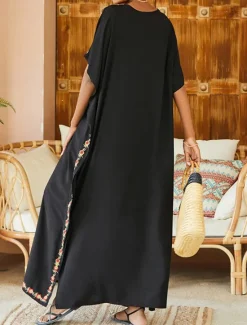 Best Women's Long Dress Maxi Dress White Dress Summer Dress Boho Dress Cover Up Maxi Boho Vacation Holiday Beach Loose Fit Half Sleeve V Neck Black White Summer Women Floral Dresses
