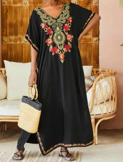 Best Women's Long Dress Maxi Dress White Dress Summer Dress Boho Dress Cover Up Maxi Boho Vacation Holiday Beach Loose Fit Half Sleeve V Neck Black White Summer Women Floral Dresses