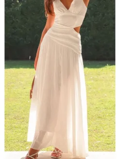 Outlet Women's Long Dress Maxi Dress White Dress Graduation Dress Fashion Graduation Date Going out Regular Fit Plain Sleeveless V Neck White Red Rose Red Summer Women White Dresses