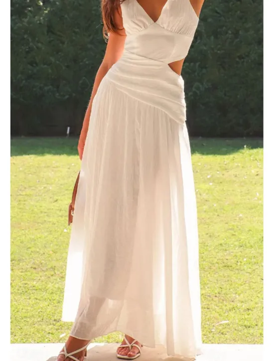 Outlet Women's Long Dress Maxi Dress White Dress Graduation Dress Fashion Graduation Date Going out Regular Fit Plain Sleeveless V Neck White Red Rose Red Summer Women White Dresses