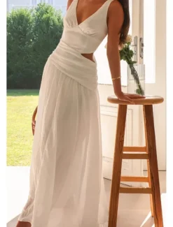 Outlet Women's Long Dress Maxi Dress White Dress Graduation Dress Fashion Graduation Date Going out Regular Fit Plain Sleeveless V Neck White Red Rose Red Summer Women White Dresses