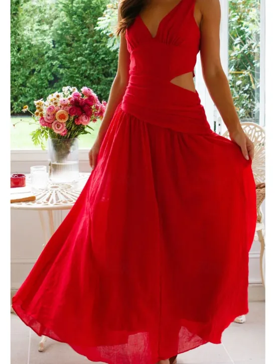 Outlet Women's Long Dress Maxi Dress White Dress Graduation Dress Fashion Graduation Date Going out Regular Fit Plain Sleeveless V Neck White Red Rose Red Summer Women White Dresses