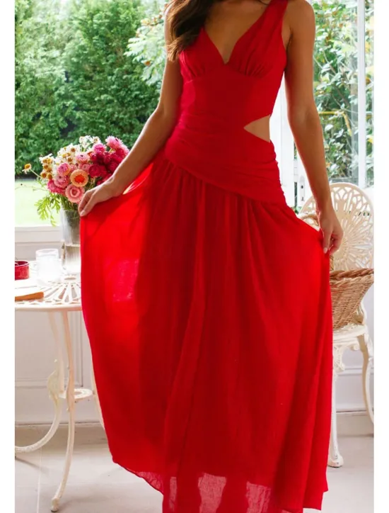 Outlet Women's Long Dress Maxi Dress White Dress Graduation Dress Fashion Graduation Date Going out Regular Fit Plain Sleeveless V Neck White Red Rose Red Summer Women White Dresses