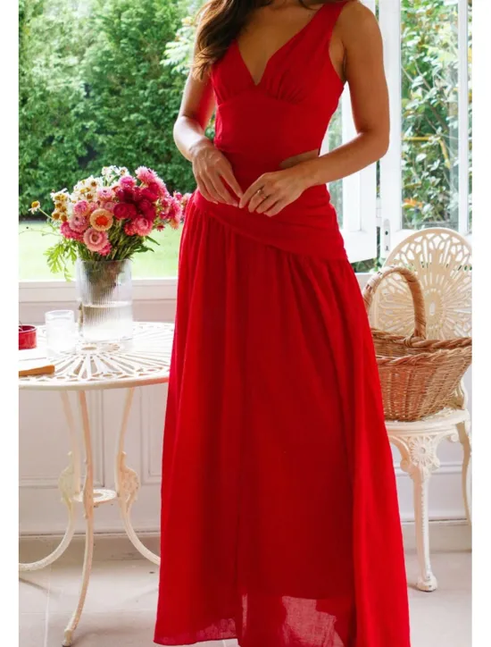 Outlet Women's Long Dress Maxi Dress White Dress Graduation Dress Fashion Graduation Date Going out Regular Fit Plain Sleeveless V Neck White Red Rose Red Summer Women White Dresses