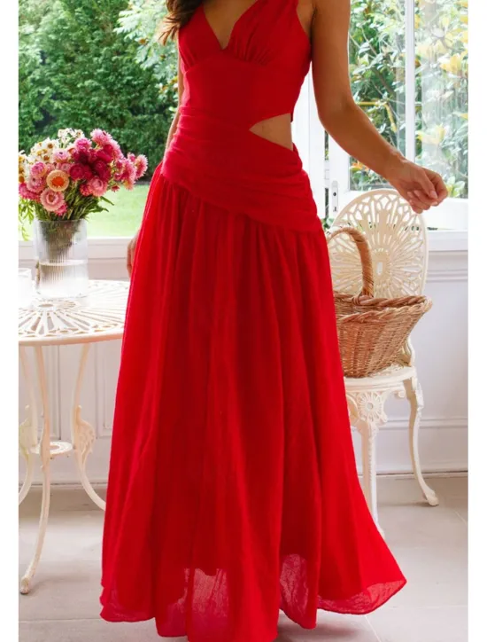 Outlet Women's Long Dress Maxi Dress White Dress Graduation Dress Fashion Graduation Date Going out Regular Fit Plain Sleeveless V Neck White Red Rose Red Summer Women White Dresses