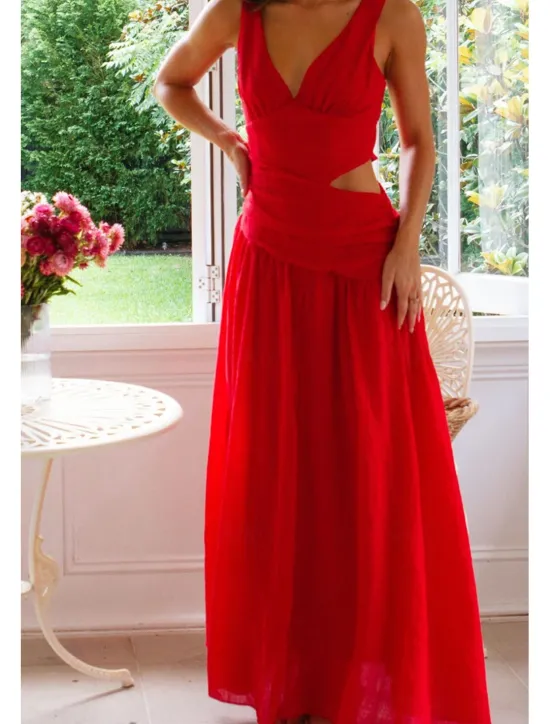 Outlet Women's Long Dress Maxi Dress White Dress Graduation Dress Fashion Graduation Date Going out Regular Fit Plain Sleeveless V Neck White Red Rose Red Summer Women White Dresses