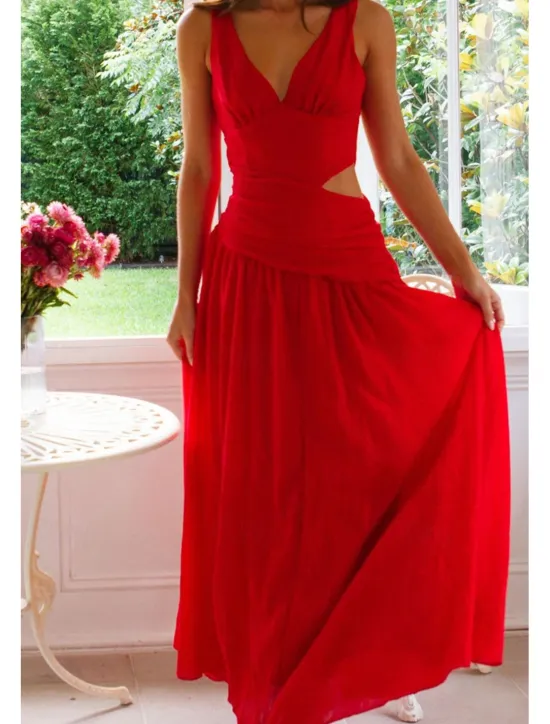 Outlet Women's Long Dress Maxi Dress White Dress Graduation Dress Fashion Graduation Date Going out Regular Fit Plain Sleeveless V Neck White Red Rose Red Summer Women White Dresses