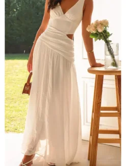 Outlet Women's Long Dress Maxi Dress White Dress Graduation Dress Fashion Graduation Date Going out Regular Fit Plain Sleeveless V Neck White Red Rose Red Summer Women White Dresses
