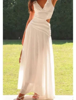 Outlet Women's Long Dress Maxi Dress White Dress Graduation Dress Fashion Graduation Date Going out Regular Fit Plain Sleeveless V Neck White Red Rose Red Summer Women White Dresses
