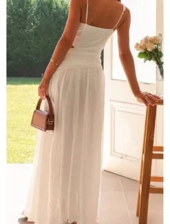 Outlet Women's Long Dress Maxi Dress White Dress Graduation Dress Fashion Graduation Date Going out Regular Fit Plain Sleeveless V Neck White Red Rose Red Summer Women White Dresses