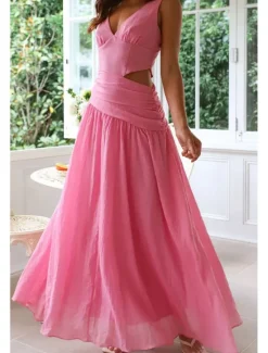 Outlet Women's Long Dress Maxi Dress White Dress Graduation Dress Fashion Graduation Date Going out Regular Fit Plain Sleeveless V Neck White Red Rose Red Summer Women White Dresses