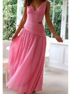 Outlet Women's Long Dress Maxi Dress White Dress Graduation Dress Fashion Graduation Date Going out Regular Fit Plain Sleeveless V Neck White Red Rose Red Summer Women White Dresses