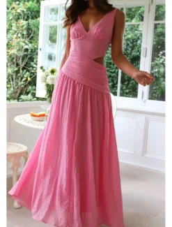 Outlet Women's Long Dress Maxi Dress White Dress Graduation Dress Fashion Graduation Date Going out Regular Fit Plain Sleeveless V Neck White Red Rose Red Summer Women White Dresses