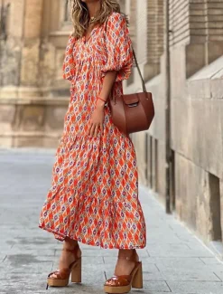 New Women's Long Dress Maxi Dress Print Dress Fashion Lantern Sleeve Vacation Holiday Going out Regular Fit Flower Half Sleeve V Neck Purple Orange Rose Red Summer Women Floral Dresses