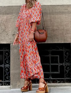 New Women's Long Dress Maxi Dress Print Dress Fashion Lantern Sleeve Vacation Holiday Going out Regular Fit Flower Half Sleeve V Neck Purple Orange Rose Red Summer Women Floral Dresses