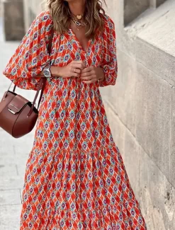 New Women's Long Dress Maxi Dress Print Dress Fashion Lantern Sleeve Vacation Holiday Going out Regular Fit Flower Half Sleeve V Neck Purple Orange Rose Red Summer Women Floral Dresses