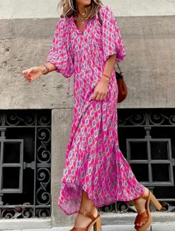 New Women's Long Dress Maxi Dress Print Dress Fashion Lantern Sleeve Vacation Holiday Going out Regular Fit Flower Half Sleeve V Neck Purple Orange Rose Red Summer Women Floral Dresses