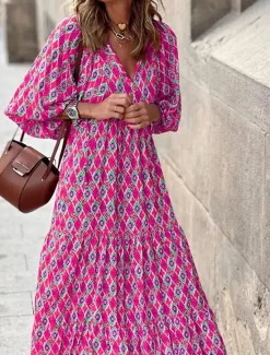 New Women's Long Dress Maxi Dress Print Dress Fashion Lantern Sleeve Vacation Holiday Going out Regular Fit Flower Half Sleeve V Neck Purple Orange Rose Red Summer Women Floral Dresses