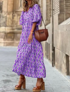 New Women's Long Dress Maxi Dress Print Dress Fashion Lantern Sleeve Vacation Holiday Going out Regular Fit Flower Half Sleeve V Neck Purple Orange Rose Red Summer Women Floral Dresses