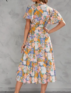 Hot Women's Long Dress Maxi Dress Casual Dress Stylish Casual Vacation Daily Regular Fit Floral Short Sleeve V Neck Yellow Pink Summer Spring Women Spring Dresses|Floral Dresses