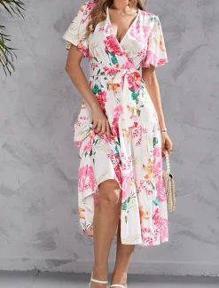 Hot Women's Long Dress Maxi Dress Casual Dress Stylish Casual Vacation Daily Regular Fit Floral Short Sleeve V Neck Yellow Pink Summer Spring Women Spring Dresses|Floral Dresses