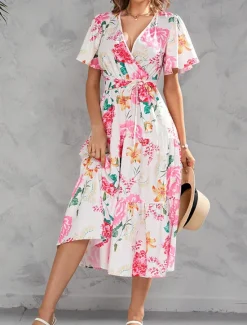 Hot Women's Long Dress Maxi Dress Casual Dress Stylish Casual Vacation Daily Regular Fit Floral Short Sleeve V Neck Yellow Pink Summer Spring Women Spring Dresses|Floral Dresses