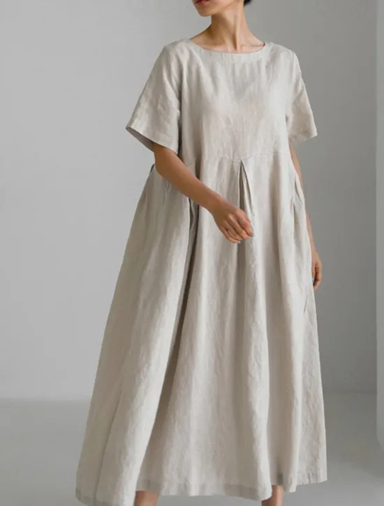 Discount Women's Long Dress Maxi Dress Linen-Inspired Dresses Casual Dress Cotton Linen Dress Stylish Casual Vacation Daily Date Regular Fit Plain Short Sleeve Crew Neck Navy Blue Dark Green Apricot Summer Women Dresses