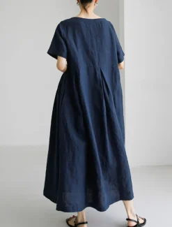 Discount Women's Long Dress Maxi Dress Linen-Inspired Dresses Casual Dress Cotton Linen Dress Stylish Casual Vacation Daily Date Regular Fit Plain Short Sleeve Crew Neck Navy Blue Dark Green Apricot Summer Women Dresses