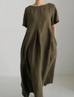 Discount Women's Long Dress Maxi Dress Linen-Inspired Dresses Casual Dress Cotton Linen Dress Stylish Casual Vacation Daily Date Regular Fit Plain Short Sleeve Crew Neck Navy Blue Dark Green Apricot Summer Women Dresses