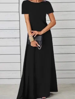 Discount Women's Long Dress Maxi Dress Casual Dress Swing Dress Fashion Outdoor Party Holiday Regular Fit Plain Short Sleeve Crew Neck Black Red Blue Summer Women Work Dresses